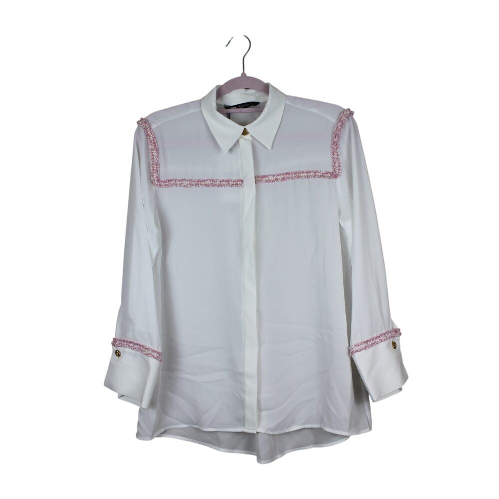 NWT Zara White Long Sleeve Button Up Pink Piping Detail Semi Sheer Blouse Size M